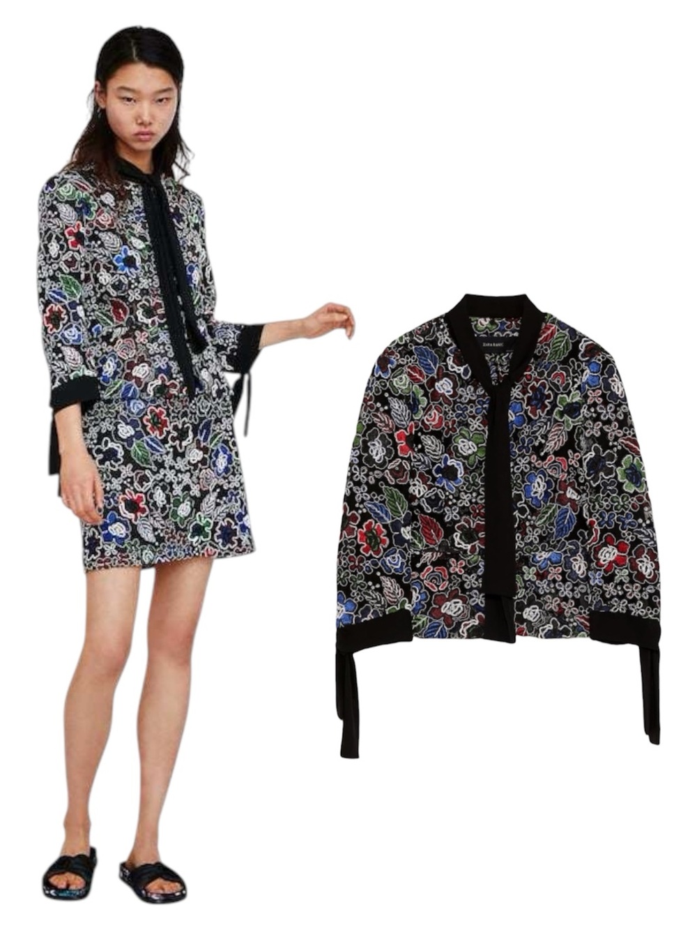 Zara Floral Embroidered Black Suit Jacket with Multi-Color Applique Flowers